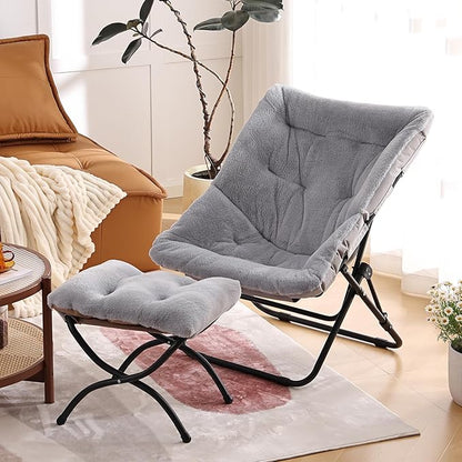 Comfy Saucer Chair with Ottoman, Oversized Folding Faux Fur Chair Soft Furry Lounge Lazy Chair with Metal Frame Moon Chair Accent Chair for Bedroom, Living Room, Dorm Rooms