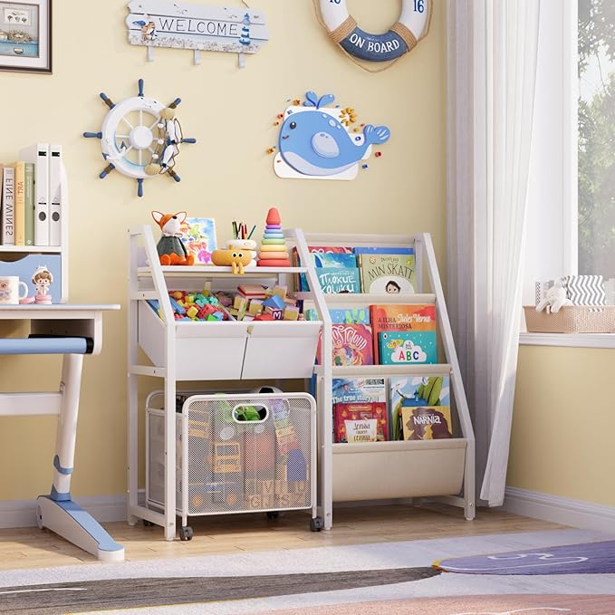 Kids Bookshelf and Toy Storage Organizer - 3 Tier Book Shelf for Kids Rooms with Movable Drawer, Kid Bookcase with 2 Toy Bins, Toddler Baby Childrens Bookshelf, for Bedroom Playroom Classroom (White)