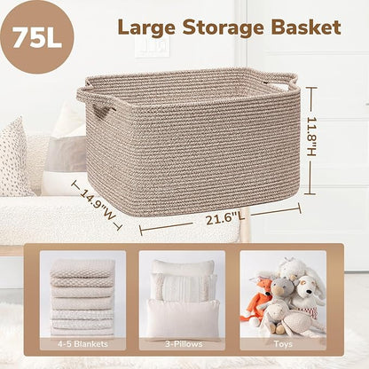 Goodpick Large Woven Storage Basket, 21.6" x 14.9" x 11.8" Blanket Basket for Living Room, Bedroom, Rectangle Rope Storage Organizer for Clothes, Toys, Brown