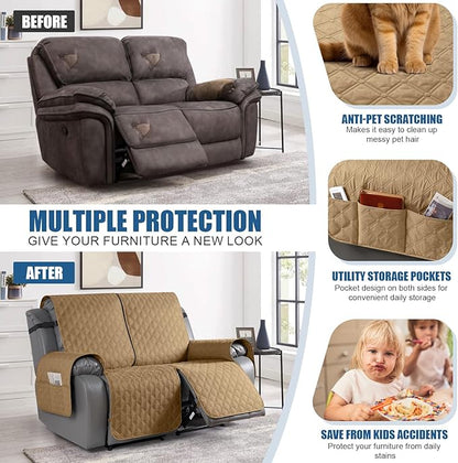 TAOCOCO 100% Waterproof Recliner Covers, Recliner Sofa Covers with Leg Straps, Reversible Recliner Couch Cover for Reclining Chair, Washable Couch Protector for Pets Kids(2 Seater, Camel)