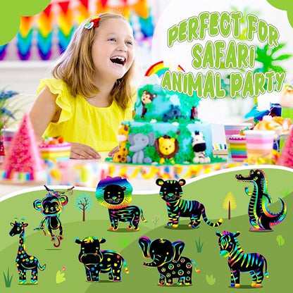 RoundFunny 80 Pcs Jungle Safari Animal Scratch Cards Party Favors Colorful Wild Scratch Painting Scratch Off Paper for Kids DIY Art Craft Kit with 80 Pcs Stick and Ribbon for Birthday Party Ornaments