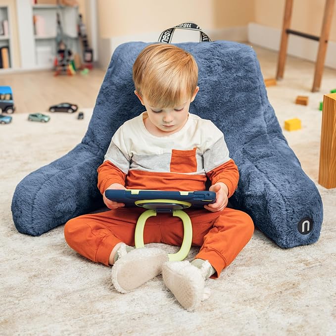 Nestl Fur Reading Pillow, Stylish Back Pillow for Bed Sitting Up, Faux Fur Bed Chair Pillow with Arms, Reading Pillows for Sitting in Bed Adult & Kids, Sit Up Back Support Pillow for Bed Rest - Blue