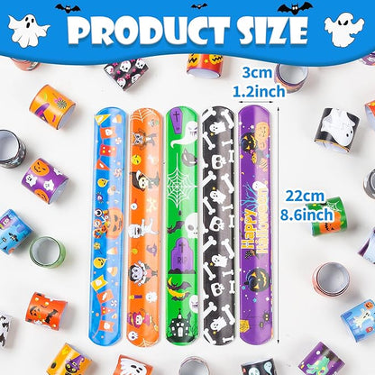 Halloween Slap Bracelet for Kids - 48 Pieces, 24 Colorful Styles, Bulk Halloween Slap Wristbands for Kids Party Favors, Toys Prizes & Goodie Bags Fillers