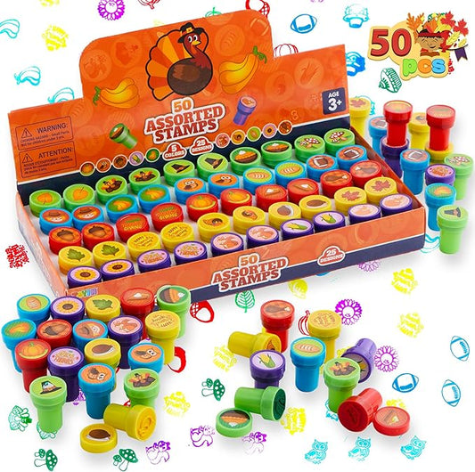 JOYIN 50 Pcs Thanksgiving Stampers, Stamps for Kids Age 3-5, Turkey Party Favor Supplies, Thanksgiving Arts & Crafts for Kids Family Activities, Classroom Exchange Prizes Gift, Fall Stamper Assortment