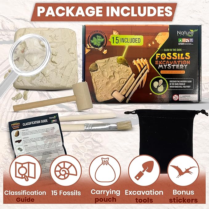 Nature Gear Dino Fossil Dig Kit for Kids, Educational Excavation Kit with 15 Glow in The Dark Mystery Fossils, Interactive Dinosaur Science Kits for Kids Age 3-5 and Up, Excavation Adventure Kit