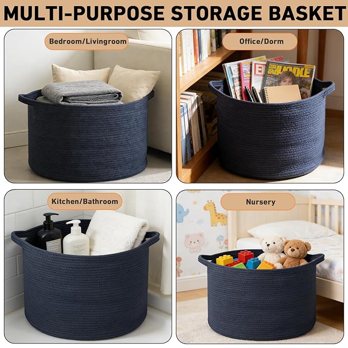 90L Large Blanket Basket,21.7"L x 21.7"W x 13.8"H Rope Woven Baskets with Handles, Toys Storage Bins,Laundry Basket Perfect for Living Room, Nursery,Bedroom,Home Organization,Dark Blue