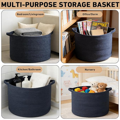 65L Extra Large Woven Cotton Rope Blanket Basket with Handles, Laundry Hamper Storage Bin for Pillows, Comforters,Clothes, Toys, Nursery, Bedroom and Living Room Organization,Dark Blue