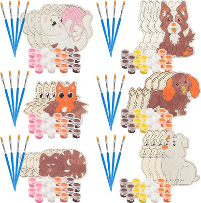 Set of 24 Valentines Cards for Kids Classroom -Valentine's Day Cats & Dogs Wood Painting Kits for Kids School -Each Valentines Gift Includes Complete Craft Kit & Card for Boys Girls Classroom Exchange