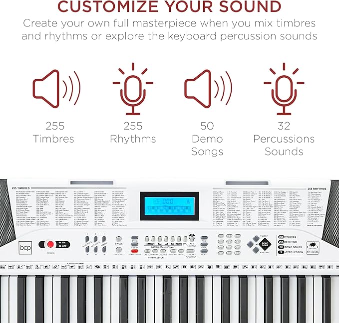 Best Choice Products 61-Key Beginners Complete Electronic Keyboard Piano Set w/Lighted Keys, LCD Screen, Headphones, Stand, Bench, Teaching Modes, Note Stickers, Built-In Speakers - White