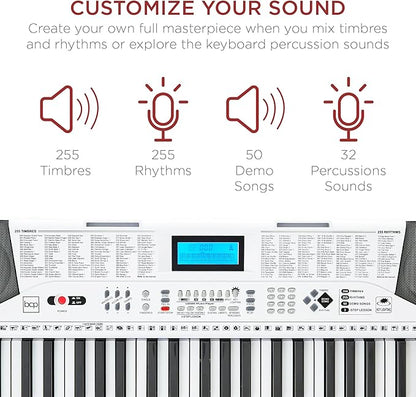 Best Choice Products 61-Key Beginners Complete Electronic Keyboard Piano Set w/Lighted Keys, LCD Screen, Headphones, Stand, Bench, Teaching Modes, Note Stickers, Built-In Speakers - White