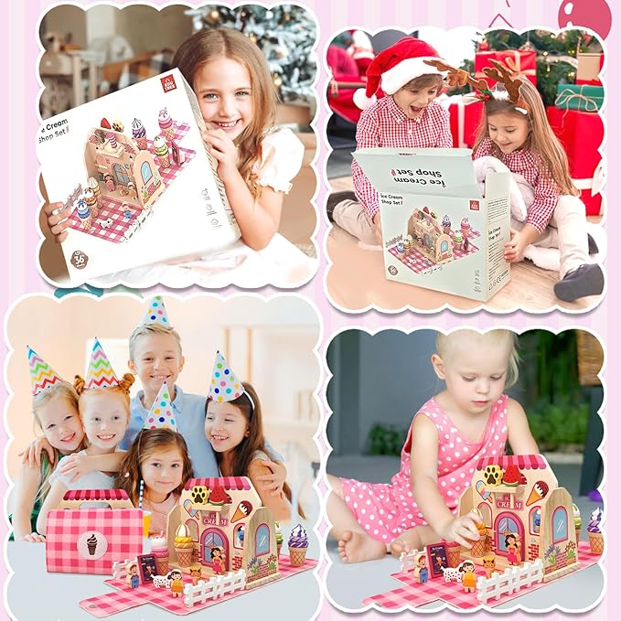 Wooden Ice Cream Shop Set with Handbag, 39 Pcs Pretend Play Food Toys for Kids, Montessori Kitchen Playset Accessories for Toddlers Girls Boys 3 4 5