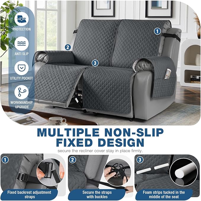 TAOCOCO Waterproof Recliner Loveseat Cover Non-Slip Sofa Slipcover, Pet Couch Cover for Loveseat Recliner with Straps, Washable Reclining Loveseat Cover Furniture Protector (2 Seater, Charcoal Gray)