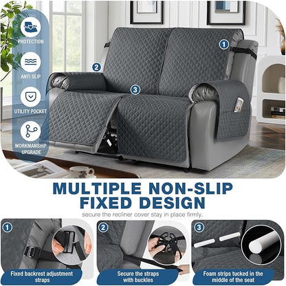 TAOCOCO Waterproof Recliner Loveseat Cover Non-Slip Sofa Slipcover, Pet Couch Cover for Loveseat Recliner with Straps, Washable Reclining Loveseat Cover Furniture Protector (2 Seater, Charcoal Gray)