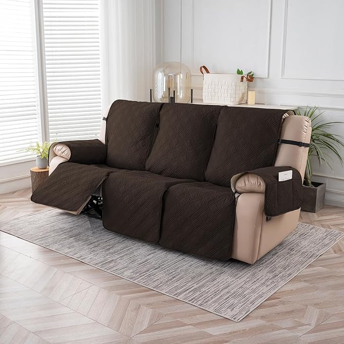 Easehomey Waterproof Recliner Sofa Cover,Non-Slip Reclining Sofa Covers for 3 Seat,Washable Reclining Sofa Cover Furniture Protector with Elastic Straps Pocket for Kids, Pets(Chocolate,3Seat)