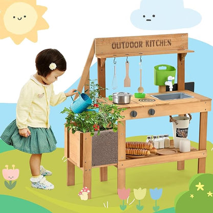 Mud Kitchen for Kids Outdoor, Wood Outdoor Kitchen with Planter Box, Toddler Play Kitchen with Sink, Faucet, Blackboard, Water Cup and Kitchen Accessories for Kids