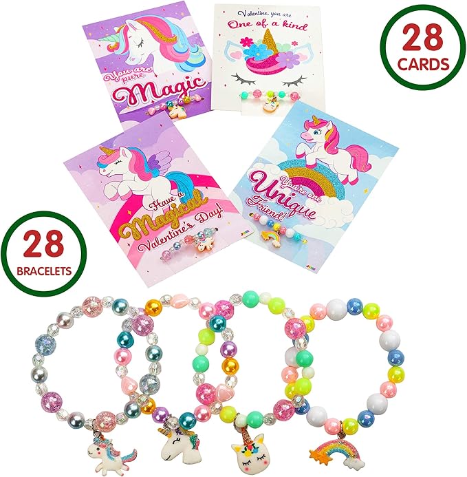 JOYIN 28 Packs Valentine‘s Day Unicorn Bracelets with Cards for Kids, Gift Cards Bracelets Party Favors for Kids Girls Valentine Classroom Exchange Day Gifts