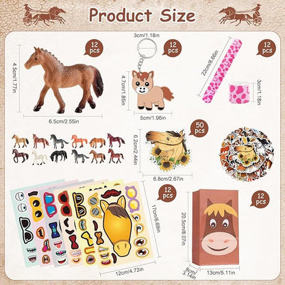 110-Piece Horse-Themed Party Favor Set - Includes 12 Horse Figurines, 12 Horse Toy Stickers, 12 Cowboy Slap Bracelets, 50 Horse Stickers, 12 Horse Keychains, and 12 Kraft Paper Bags