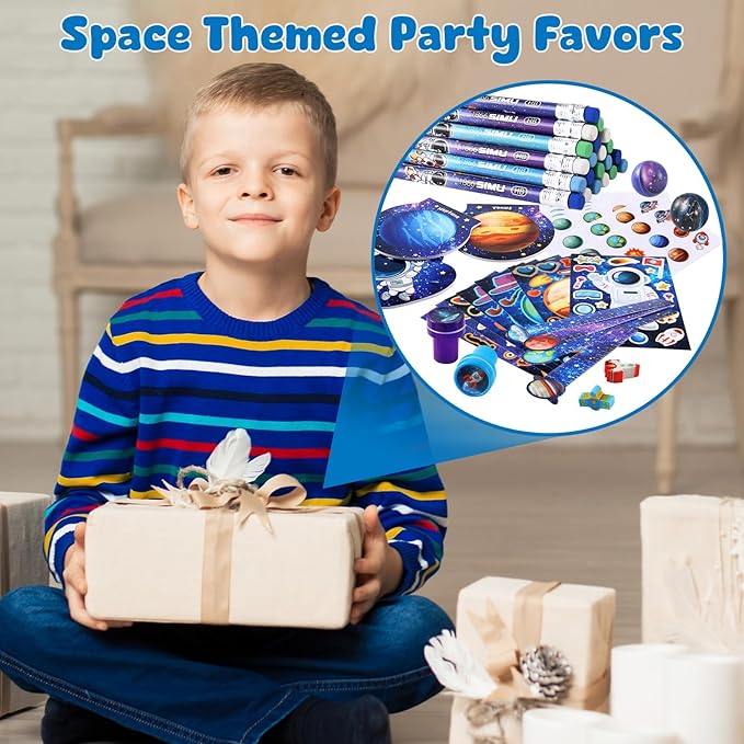 BenLouis 216Pcs Outer Space Themed Party Favors Space Alien Sticker Stampers School Stationery Set Bulk Classroom Prizes for Astronaut Planet Birthday Party Goodie Bags Fillers