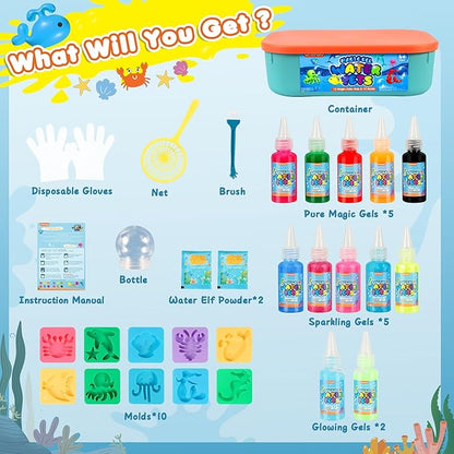 Magic Water Elf Toy Kit for Kids, Aqua Fairy Magic Gel Water Pets, 12 Gels & 10 Molds, DIY Squishy Maker Set, Create Your Own Squishies Sensory Toys Crafts, Gifts for 4 5 6 7 8 9 10 Year Old Boy Girl