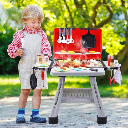 CUTE STONE Kids BBQ Grill Playset, Kitchen Toy Set, Realistic Smoke, Sound & Light,Kitchen Grill Playset,Toy Kitchen Accessories, Indoor Outdoor Interactive Pretend Play Toys for Boys Girls, 23.6" H