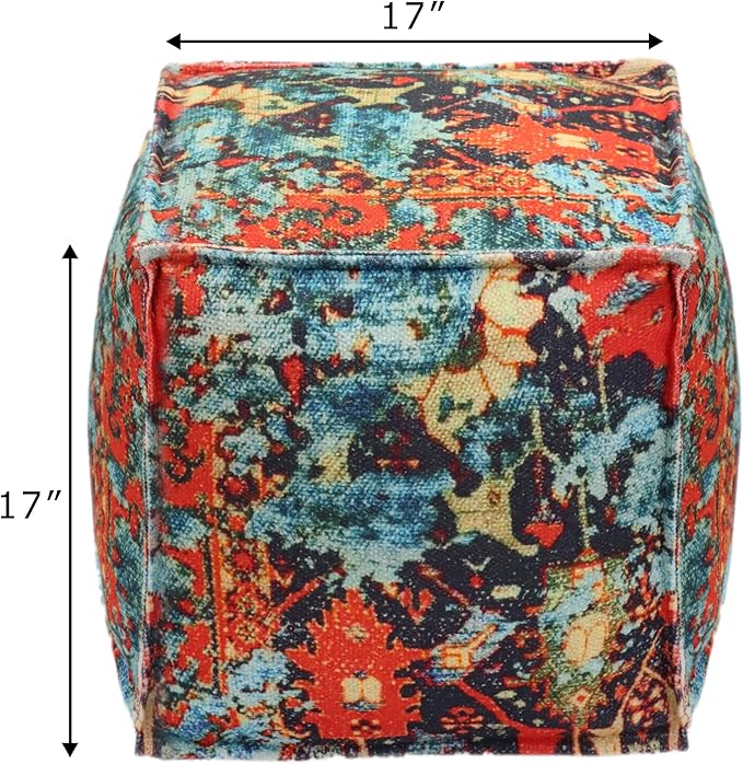 COTTON CRAFT Printed Pouf - Ottoman Foot Stool Bean Bag - Dorm Kids Room Bedroom Home Décor Accent Seating - Boho Modern Comfortable Prefilled Cotton Square Pouf Footrest - 17x17x17 inch - Teal Aqua