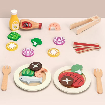 Play Food, Wooden Play Kitchen Food, Toy Food for Toy Kitchen and Grill, 24 Pcs Toddler Pretend Play with Play Dishes, Food Toys for Toddlers Boys Girls Ages 3+