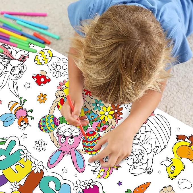 Easter Large Coloring Poster for Kids, Happy Easter Jumbo Coloring Paper Tablecloth, Bunny Eggs Color-in Craft Activities for Kids Easter School Classroom Home Party Supplies Decorations, 30 x 72 Inch