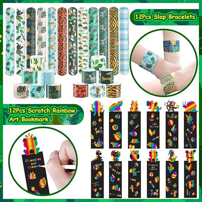 XIPEGPA 88 PCS Jungle Safari Party Favors Set Wild Animals Theme Bags Masks Stickers Slap Bracelets for Birthday Baby Shower Goodie Bag Fillers Jungle Safari Party Supplies