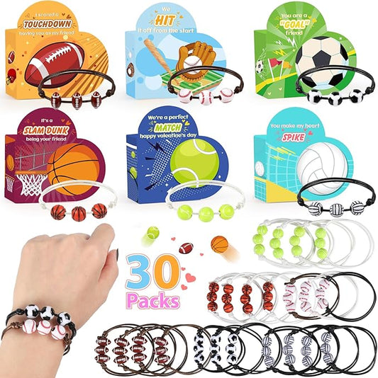 Valentines Day Gifts for Kids - 30 Pack Valentines Day Cards for Kids School Classroom Heart Boxes with Sports Party Favors Bracelets, Valentines Party Favors for Kids Exchange, Games Prize Rewards