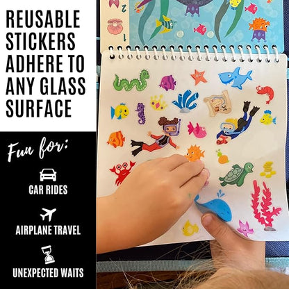Kids Small Size Travel Educational Activity Books with Washable Markers (7"x7") - Car and Airplane Activities - Search and Find, Reusable Stickers for Ages 4, 5, 6 (Ocean & Space)