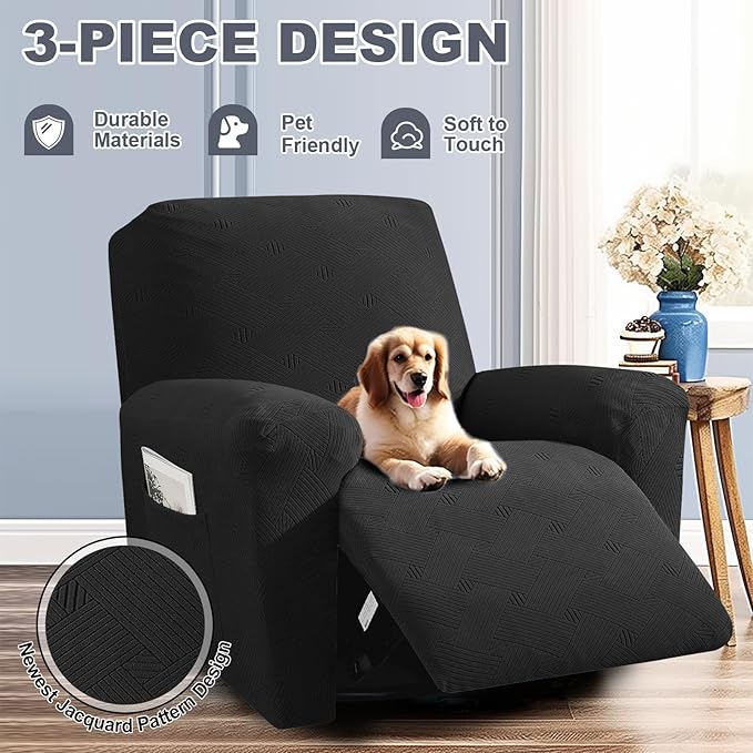 JIVINER Oversized Recliner Chair Covers, 3 Piece Slipcovers for Large Recliner Chair Soft Jacquard Reclining Chair Protector Slipcovers for Dogs,Cats (X-Large, Black)