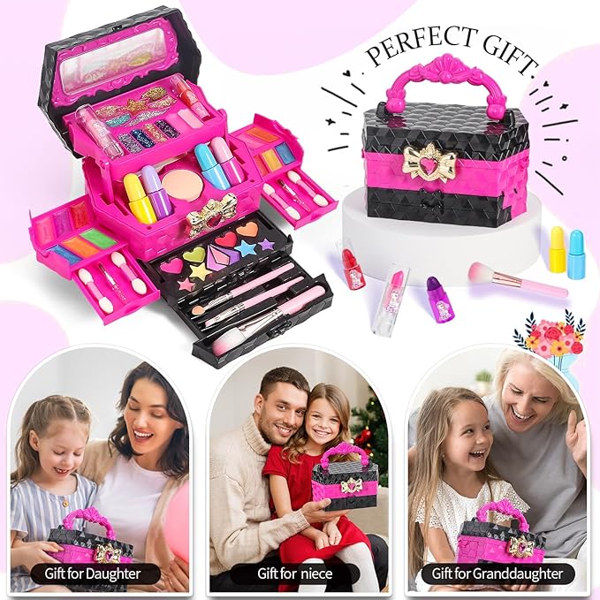 Birthday Gifts Kids Makeup Kit for Girl, Princess Toys Real Washable Cosmetic Set with Mirror, Kids Makeup Sets for Girls, Make Up Gifts for 3 4 5 6 7 8 9 10 11 12 Years Old Kid