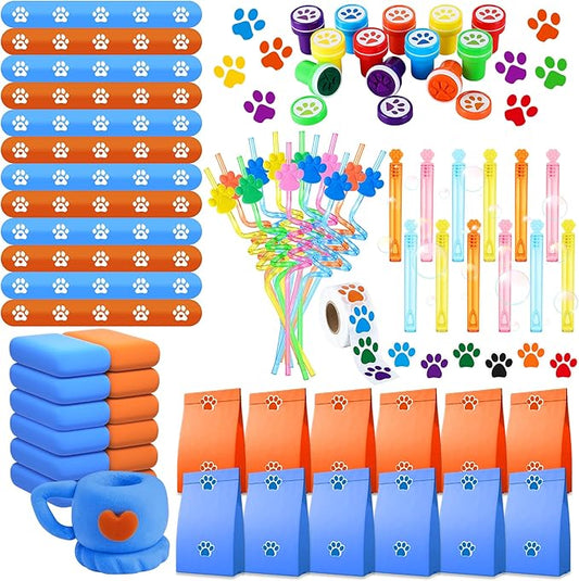 Dog Paw Print Party Favors Set 73PCS Dog Paw Print Party Supplies include Paw Print Drinking Straw, Footprint Stamper, Air Dry Clay ,Slap Bracelet , Footprint Sticker Roll, Gift Bag for Kids