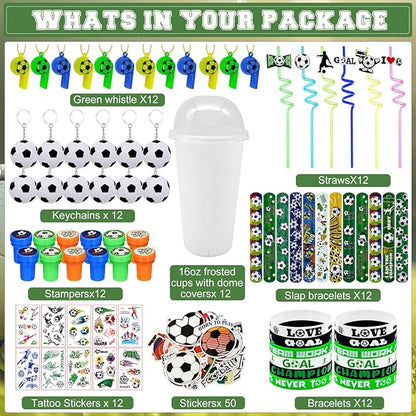 Cinrobiye 146 Pcs Soccer Party Favors, Sports Party Supplies with Cup Straw Soccer Keychain Tattoo Sticker Slap Bracelet Whistle Treat Bag Gifts for Classroom Rewards Soccer Birthday Party (Soccer)