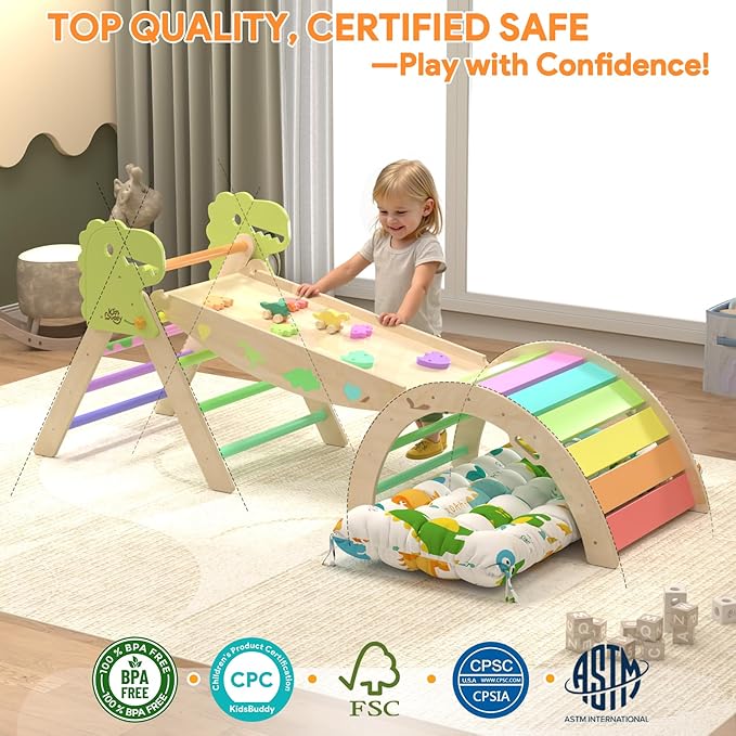 Pikler Triangle Set with Cushion 9 in 1 Climbing Toys for Toddlers 1-3 Indoor Baby Gym Toddler Montessori Toys Wooden Climbing with Maze, Shape Sorting, Dinosaur Car