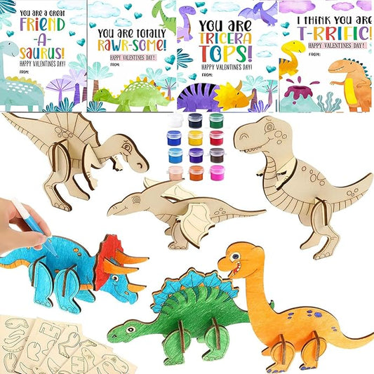 Valentines Day Gifts for Kids,24 Set 3D Puzzles Dinosaur DIY Painting Kit,Funny Dino Valentine Exchange Cards for Boys Girls Toddler School Class Classroom Party Favors (24)
