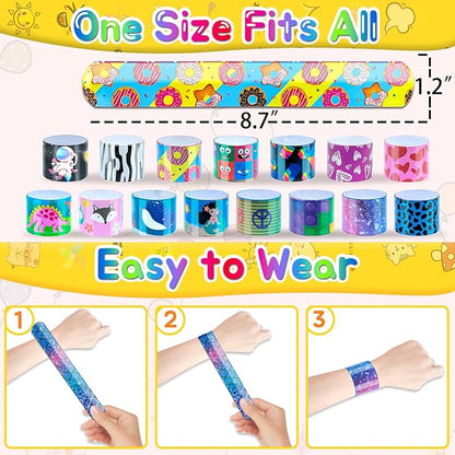 Slap Bracelets Kids Party Favors 48PCS Snap Bracelet Wrist Bands for Boys Girls Birthday Gift Treasure Box Classroom Rewards Goodie Bag Fillers Pinata Stuffers Xmas Easter Valentine Halloween Supplies