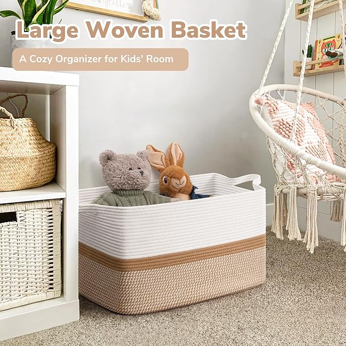 Goodpick Large Woven Blanket Basket 21.6" x 14.9" x 11.8" Storage Baskets for Organizing, Cotton Rope Basket for Home Decor Living Room Nursery, Toy Baskets Storage Kids, White & Camel Mix