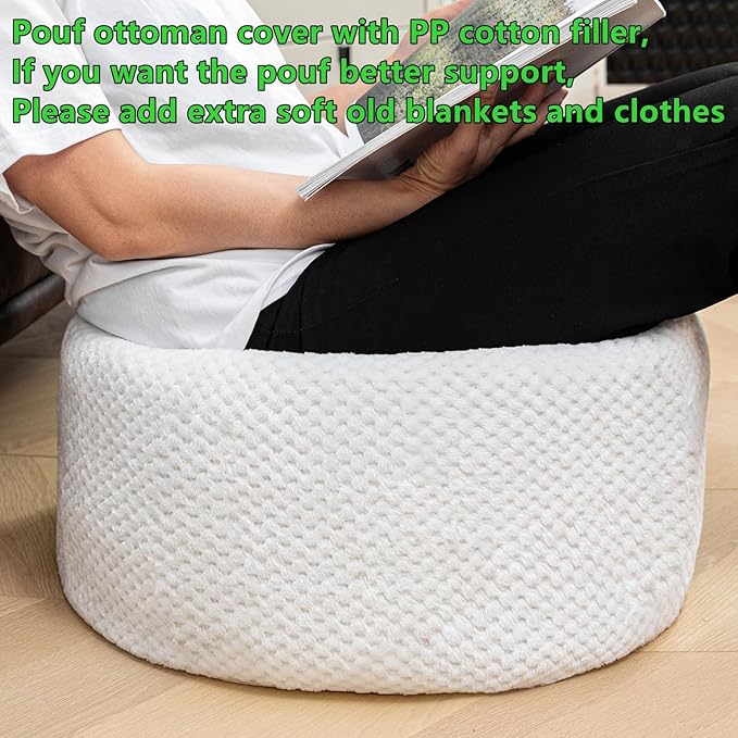 Round Stuffed Pouf Ottoman 20x20x12 Inches Faux Fur Ottoman Foot Rest Under Desk Floor Pouf Foot Stool Poof for Living Room, Bedroom Small Furniture (White)