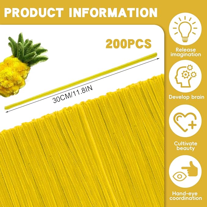 200 Pcs Pipe Cleaners Chenille Stems, Yellow Pipe Cleaners, 11.8inch Long Craft Pipe Cleaner Bulk for Flowers Making, Mother’s Day DIY Art Crafts Decorations Supplies (Yellow)