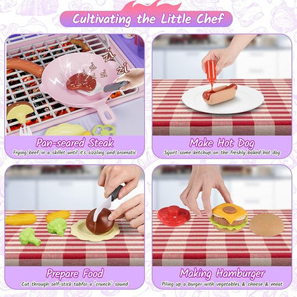 New Upgraded Kids BBQ Grill Playset with Smoke, Sound&Light, Toy Grill for Girls, Pretend Food Hamburger, Kitchen Barbecue Toy Game, Christmas Birthday Gift for 3-5 Kids, Pink & Purple