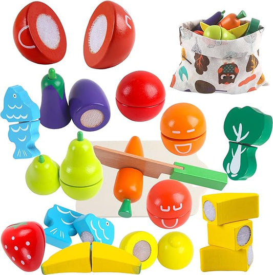 newlng Wooden Play Food Toys Fruits and Vegetables for Toddlers Cutting Fruits and Vegetables Food Toys Food Cutting Toys Best Gift for Christmas Birthday with Reusable Storage Bag