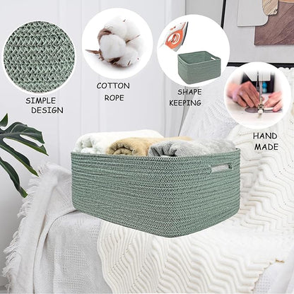 COMFY-HOMI Cotton Rope Woven Basket with Handles for Shelves,Toys,Book, Cloth Storage Baskets for Organizing-17" x 13" x 7.5" Toy Decorative Organizer for Living Room, Bathroom （Green）