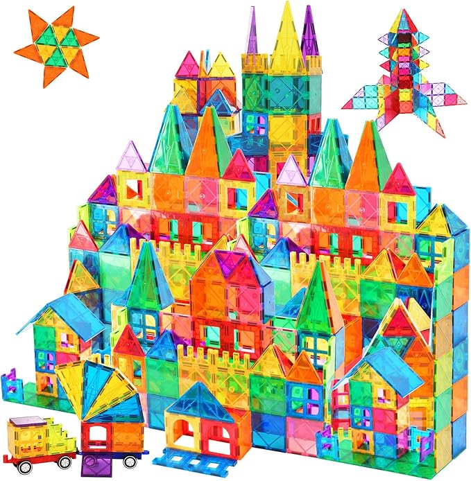 Magnetic Tiles,102PCS Magnetic Building Blocks 3D Clear Construction Playboards, Inspiration, Creativity Beyond Imagination, Educational Magnet Toy Set for Kids with 2 Cars