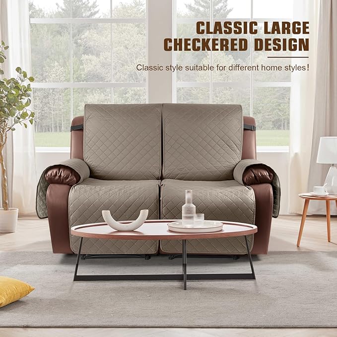 KinCam Waterproof Loveseat Recliner Cover, Non-Slip Reclining Couch Covers for 2 Seat, Recliner Sofa Cover Furniture Protector with Elastic Straps for Kids, Pets, Taupe