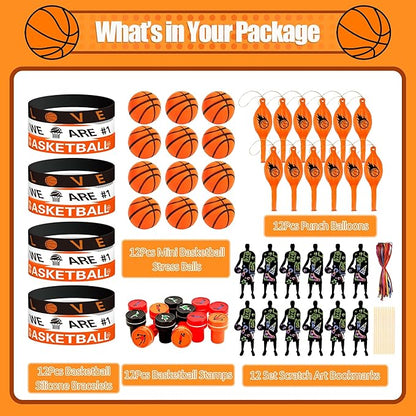 Basketball Party Favors Birthday Supplies 60pcs Buck Silicone Bracelets Punch Balloons Basketball Stress Ball Stamp Scratch Art Set For Kids Pinata Stuffer Boys Girls