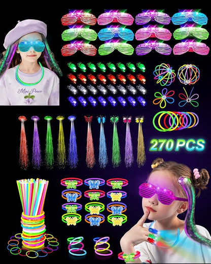 270 PCS Glow In The Dark Party Supplies for Kids Adults, 100 Glow Sticks Bulk Party Pack Light Up Party Favors, 12 LED Glasses, 32 Finger Lights, 8 LED Hair Clips for Wedding Birthday Halloween