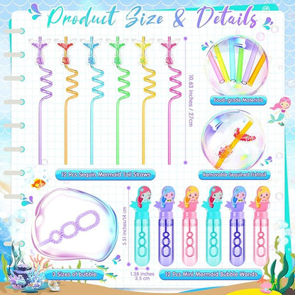 110 Pcs Mermaid Party Favors Birthday Decoration Party Supplies Mermaid Bubble Wands Straws Keychains Bag Snap Bracelet Stickers Fillers