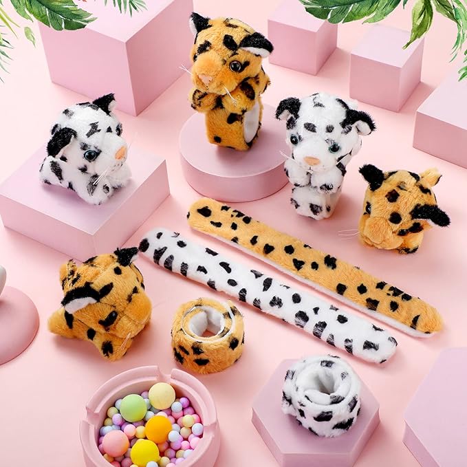 Sosation 6 Pcs Stuffed Animal Slap Bracelets for Kids Hug Slap Bracelet Bulk Tiger Leopard Stuffed Animal Plush Kids Toy for Halloween Birthday Gifts Party Favors(Leopard Style)
