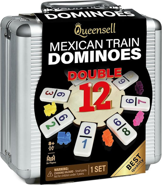 Queensell Mexican Train Dominoes Set with Numbers, Double 12 Dominoes Set for Adults, Mexican Dominoes Train for Adults and Family - Dominos Set 91 Tiles with Aluminum Case (Double 12 Numbers)